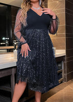 New Navy V Neck Sequins Wrinkled Patchwork Tulle Dresses Fall