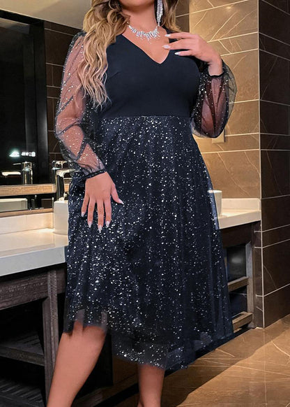 New Navy V Neck Sequins Wrinkled Patchwork Tulle Dresses Fall