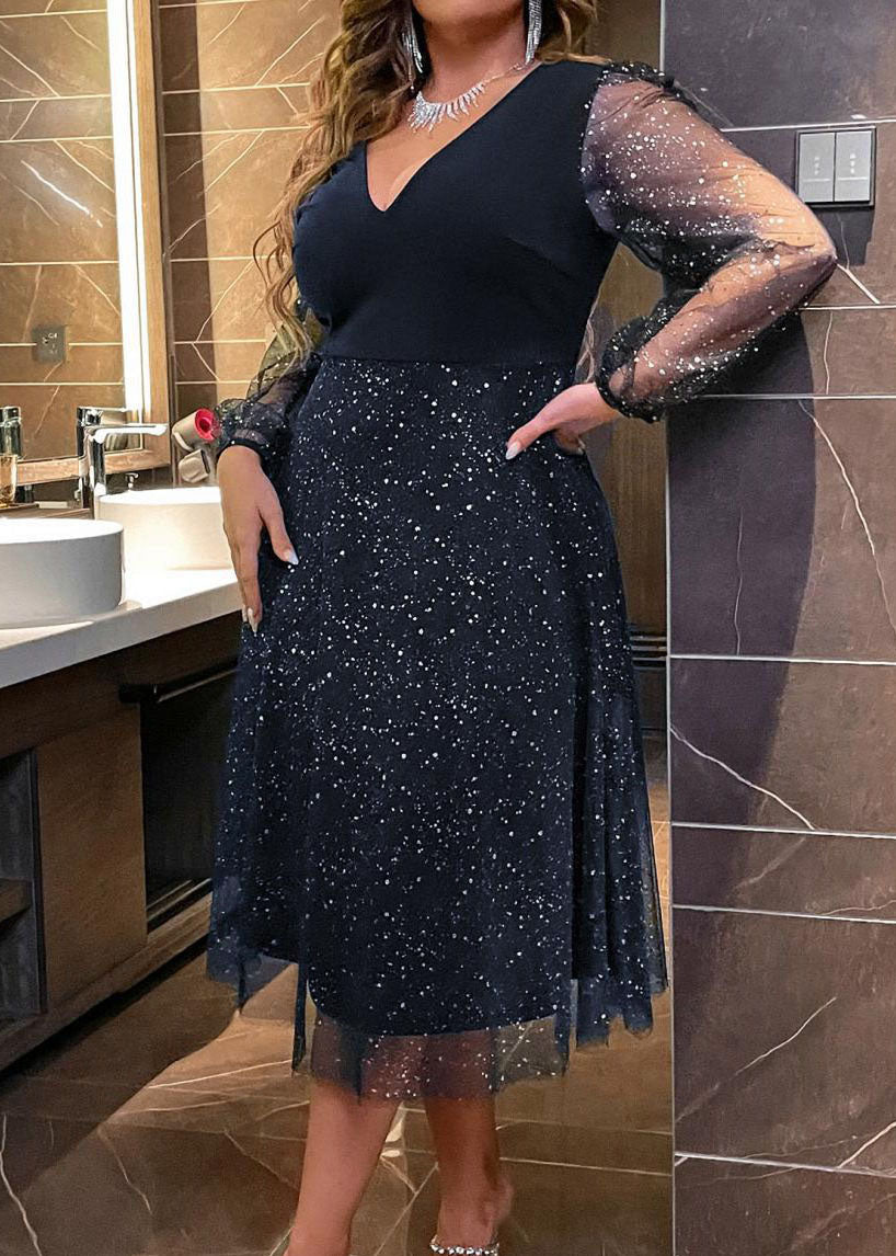 New Navy V Neck Sequins Wrinkled Patchwork Tulle Dresses Fall