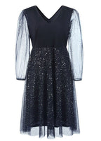 New Navy V Neck Sequins Wrinkled Patchwork Tulle Dresses Fall