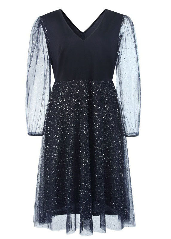 New Navy V Neck Sequins Wrinkled Patchwork Tulle Dresses Fall