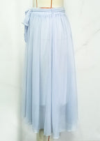 New Sky Blue Lace Up High Waist Patchwork Chiffon Pleated Skirt Summer