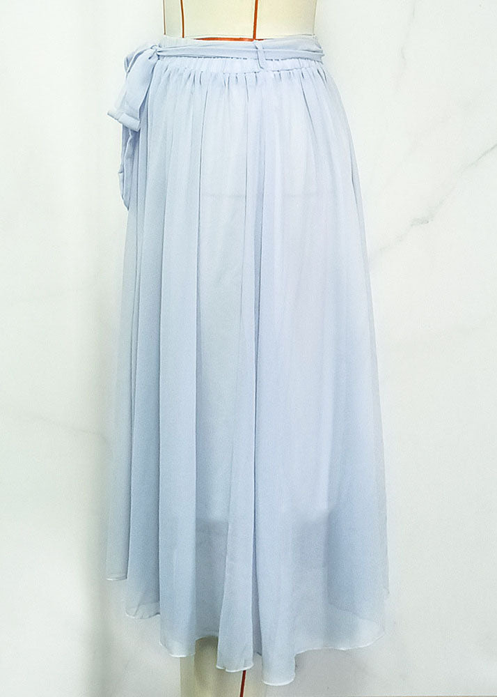 New Sky Blue Lace Up High Waist Patchwork Chiffon Pleated Skirt Summer