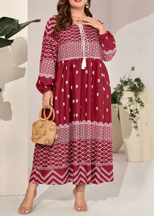 New Wine Red Lace Up Print Wrinkled Patchwork Cotton Dress Fall