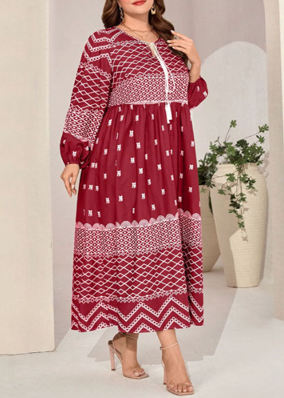 New Wine Red Lace Up Print Wrinkled Patchwork Cotton Dress Fall
