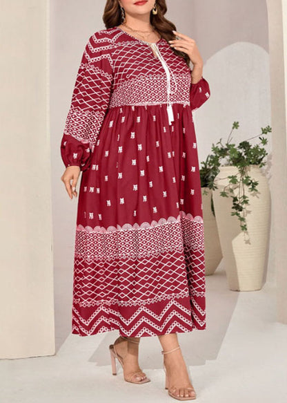 New Wine Red Lace Up Print Wrinkled Patchwork Cotton Dress Fall