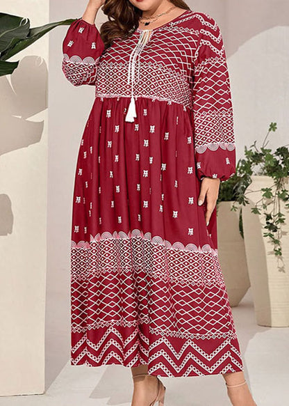 New Wine Red Lace Up Print Wrinkled Patchwork Cotton Dress Fall