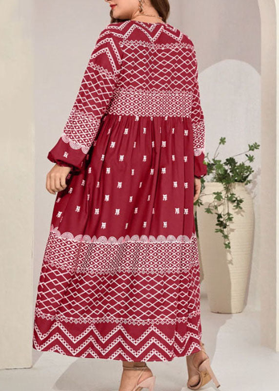 New Wine Red Lace Up Print Wrinkled Patchwork Cotton Dress Fall