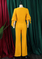 New Yellow O Neck Lace Up Cotton Tops And Wide Leg PantsTwo Pieces Set Fall