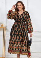 New Yellow V Neck Print Patchwork Chiffon Long Dress Fall