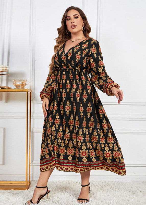 New Yellow V Neck Print Patchwork Chiffon Long Dress Fall