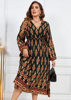 New Yellow V Neck Print Patchwork Chiffon Long Dress Fall