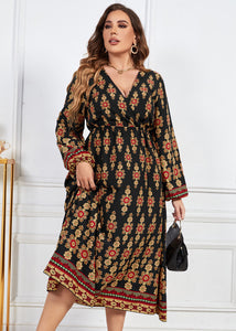New Yellow V Neck Print Patchwork Chiffon Long Dress Fall