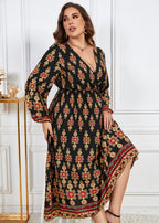 New Yellow V Neck Print Patchwork Chiffon Long Dress Fall