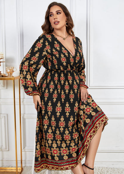 New Yellow V Neck Print Patchwork Chiffon Long Dress Fall