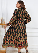 New Yellow V Neck Print Patchwork Chiffon Long Dress Fall