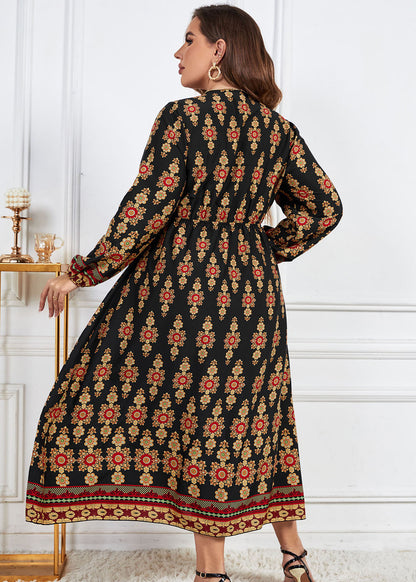 New Yellow V Neck Print Patchwork Chiffon Long Dress Fall