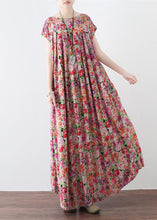 Load image into Gallery viewer, New pink prints linen caftans casual big hem linen maxi dress vintage short sleeve maxi dresses