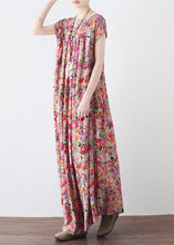 Load image into Gallery viewer, New pink prints linen caftans casual big hem linen maxi dress vintage short sleeve maxi dresses