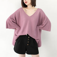 Load image into Gallery viewer, New pink sweater Loose fitting V neck knit sweat tops casual Batwing Sleeve top