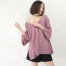 Load image into Gallery viewer, New pink sweater Loose fitting V neck knit sweat tops casual Batwing Sleeve top