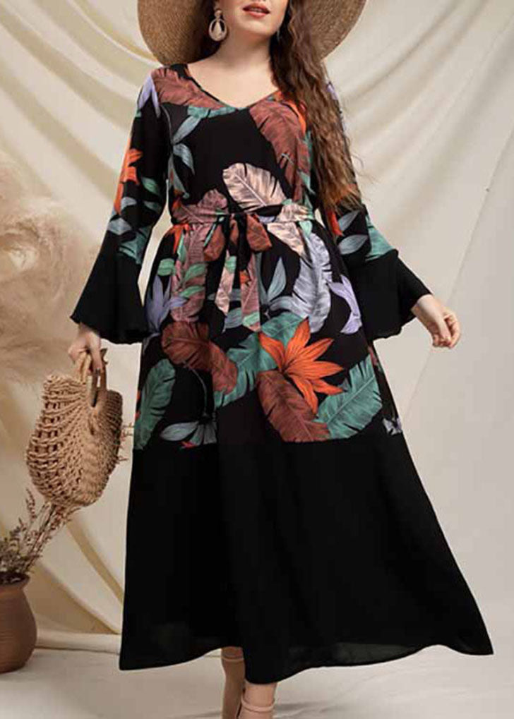 Novelty Black V Neck Print Tie Waist Chiffon Long Dress Long Sleeve