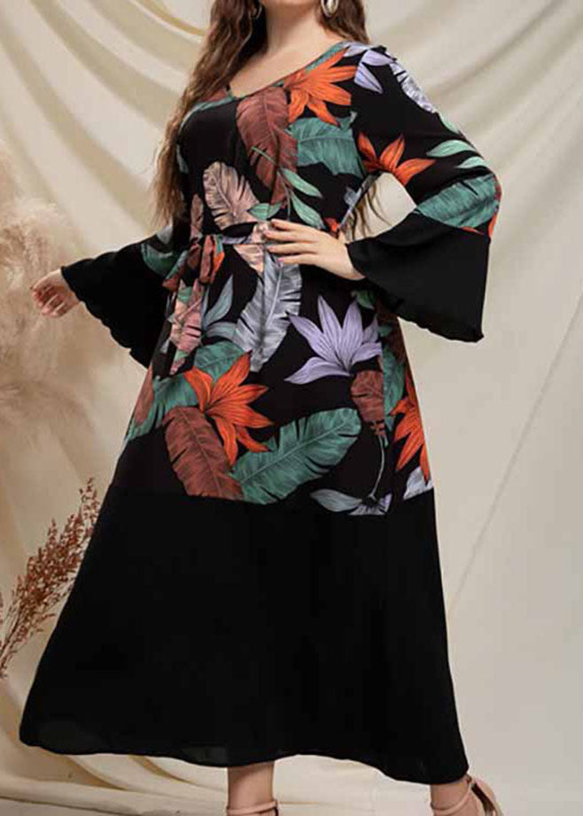 Novelty Black V Neck Print Tie Waist Chiffon Long Dress Long Sleeve