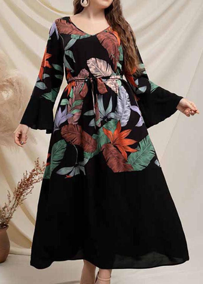 Novelty Black V Neck Print Tie Waist Chiffon Long Dress Long Sleeve