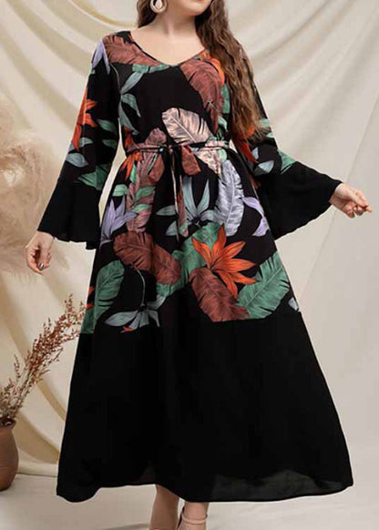 Novelty Black V Neck Print Tie Waist Chiffon Long Dress Long Sleeve