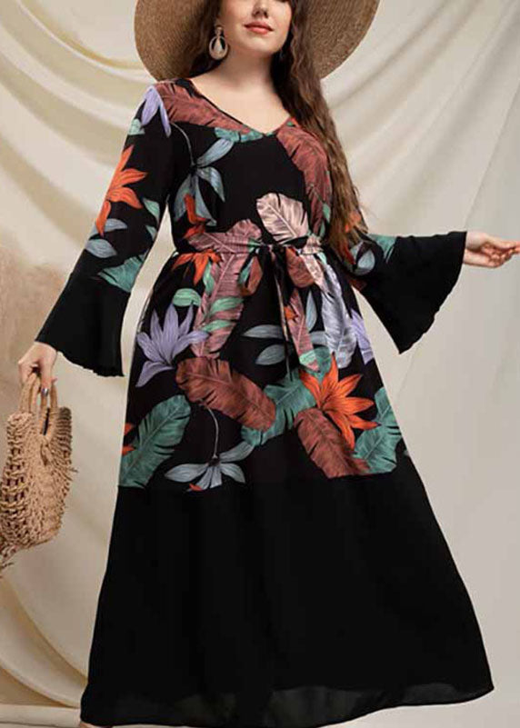 Novelty Black V Neck Print Tie Waist Chiffon Long Dress Long Sleeve