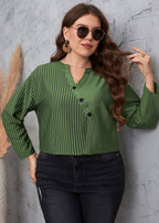 Novelty Green V Neck Asymmetrical Striped Patchwork Cotton Top Fall
