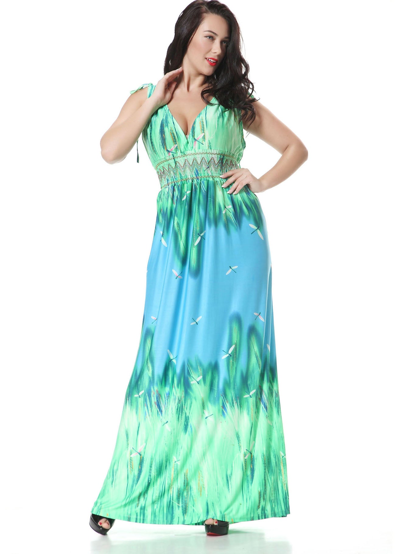 Novelty Green V Neck Print Backless Wrinkled Ice Size Long Dresses