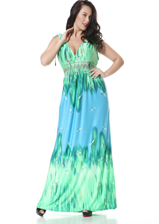 Novelty Green V Neck Print Backless Wrinkled Ice Size Long Dresses