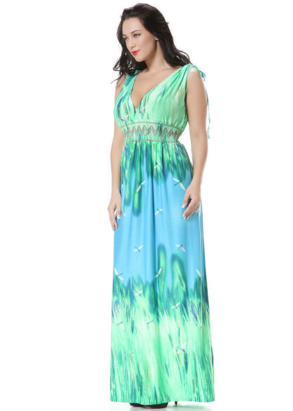 Novelty Green V Neck Print Backless Wrinkled Ice Size Long Dresses