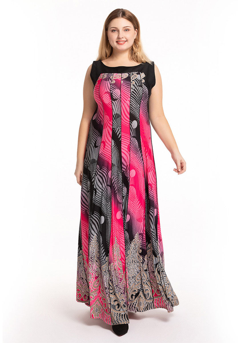 Novelty Pink Black O-Neck Striped Patchwork Silk Beach Long Dress Sleeveless