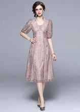 Load image into Gallery viewer, Novelty Pink Embroideried Sequins Patchwork Tulle Dress Puff Sleeve