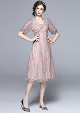 Load image into Gallery viewer, Novelty Pink Embroideried Sequins Patchwork Tulle Dress Puff Sleeve