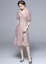 Load image into Gallery viewer, Novelty Pink Embroideried Sequins Patchwork Tulle Dress Puff Sleeve