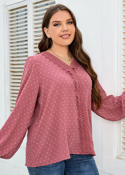 Novelty Pink V Neck Lace Patchwork Chiffon Shirt Top Fall