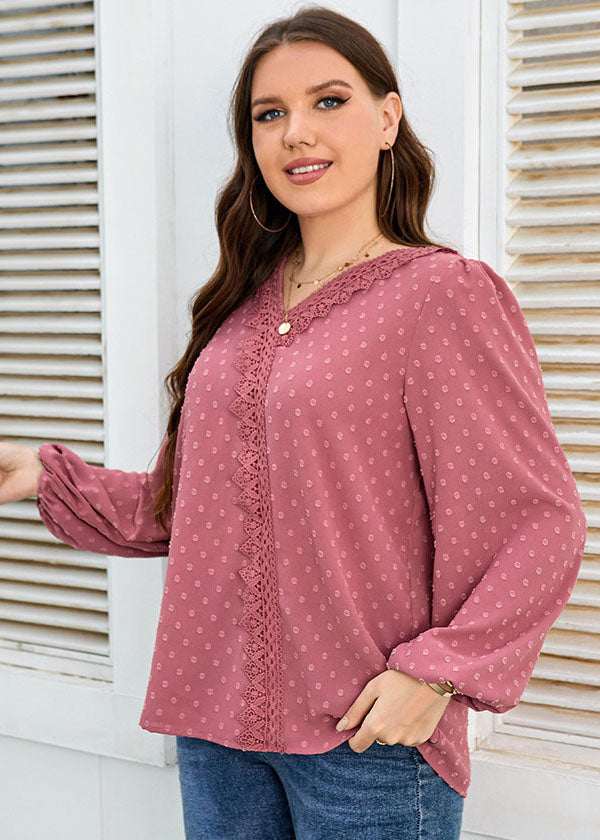 Novelty Pink V Neck Lace Patchwork Chiffon Shirt Top Fall