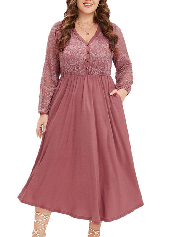 Novelty Pink V Neck Wrinkled Button Lace Patchwork Long Dress Fall