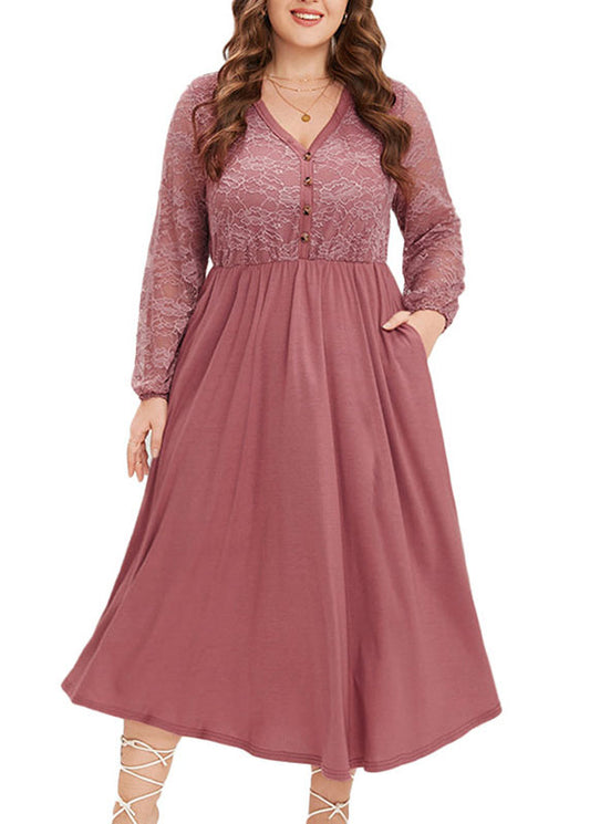Novelty Pink V Neck Wrinkled Button Lace Patchwork Long Dress Fall