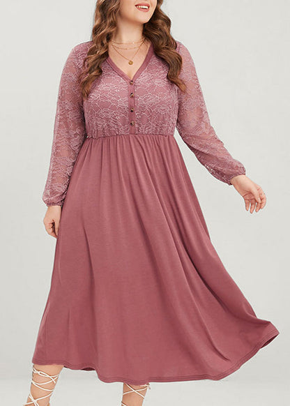 Novelty Pink V Neck Wrinkled Button Lace Patchwork Long Dress Fall