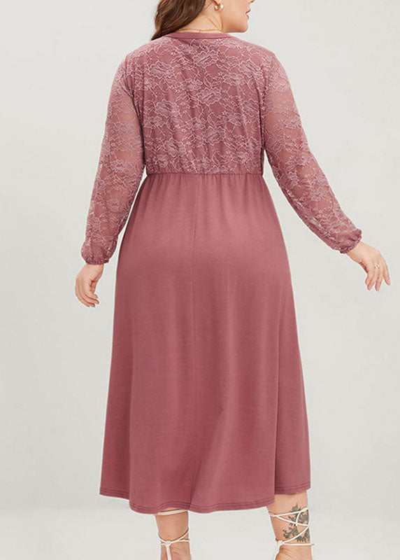 Novelty Pink V Neck Wrinkled Button Lace Patchwork Long Dress Fall