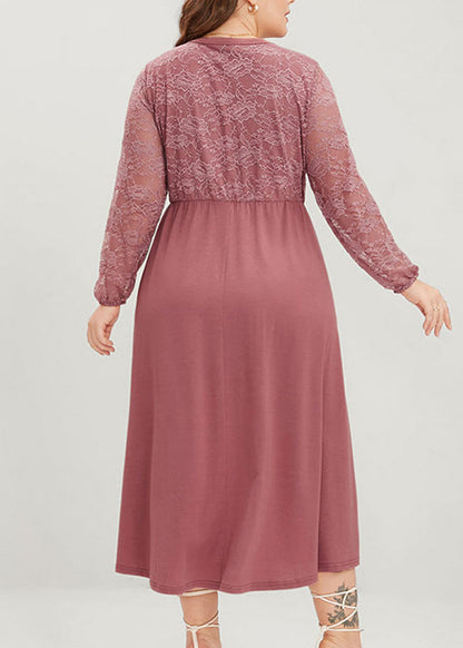 Novelty Pink V Neck Wrinkled Button Lace Patchwork Long Dress Fall