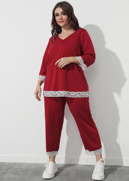 Novelty Red Lace Patchwork Tops And Crop Pants Cotton Two Piece Set Outfits Fall
