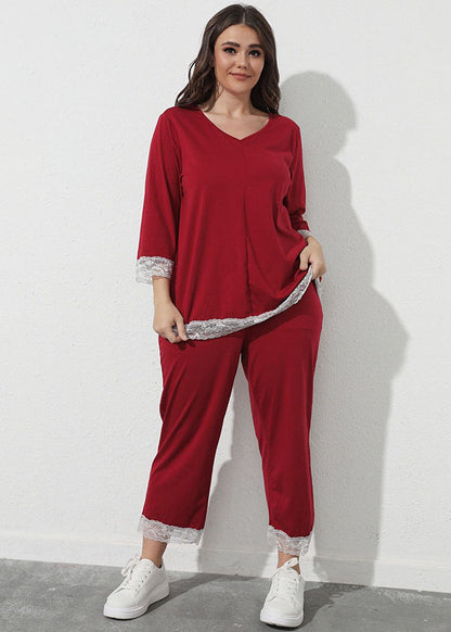 Novelty Red Lace Patchwork Tops And Crop Pants Cotton Two Piece Set Outfits Fall