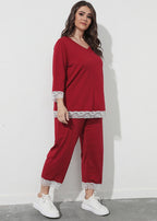 Novelty Red Lace Patchwork Tops And Crop Pants Cotton Two Piece Set Outfits Fall