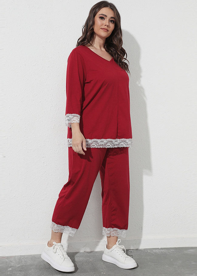 Novelty Red Lace Patchwork Tops And Crop Pants Cotton Two Piece Set Outfits Fall