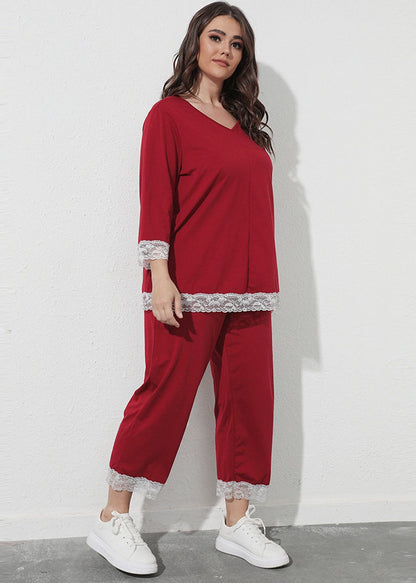 Novelty Red Lace Patchwork Tops And Crop Pants Cotton Two Piece Set Outfits Fall